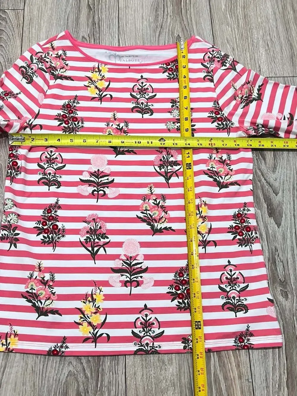 Talbots Women's 3/4 Sleeve Striped Floral Print Cotton-Spandex Tee - Picture 4 of 5